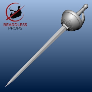 May include: A gray rapier prop featuring a rounded pommel, a curved hand guard, and a long, pointed blade. The hilt displays a star-shaped design. The logo for Beardless Props is visible in the upper left corner with a bearded icon.