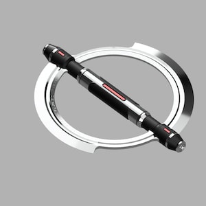May include: A black and silver tool with a red accent. The tool is shaped like a long cylinder with a circular ring at one end. The tool is lying on a gray surface.