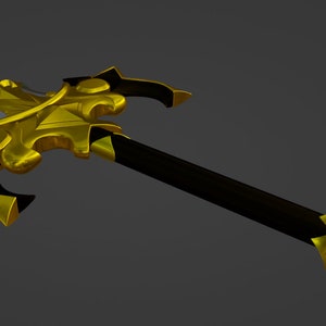Puede incluir: Una espada dorada y negra con una empu&ntilde;adura decorativa y una punta afilada. La espada est&aacute; hecha de metal y tiene un dise&ntilde;o detallado.