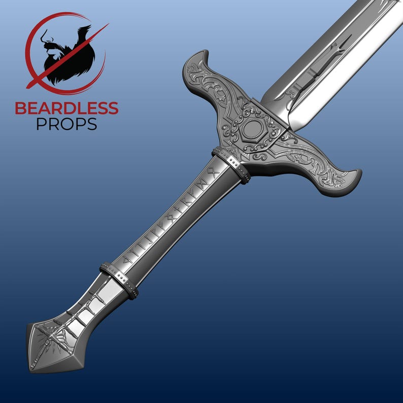 May include: A silver-toned sword featuring an ornate crossguard with intricate scrollwork and a central hexagonal detail. The handle displays engraved runic symbols, while the pommel is decorated with a starburst pattern. The blade is smooth and metallic.