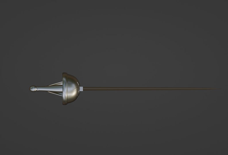 May include: A silver-colored fencing foil featuring a rounded bell guard, a straight handle with a pommel at the end, and a long, thin, pointed blade extending horizontally from the center of the guard against a dark gray background.