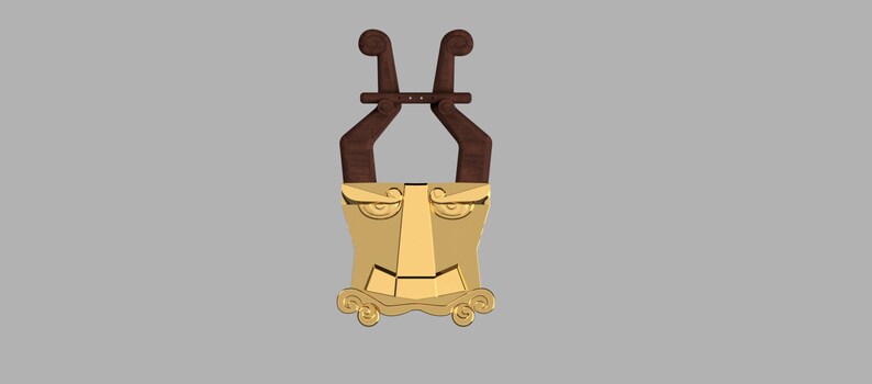 May include: A decorative wall hanging featuring a gold-colored metal face mask with stylized eyes, a triangular nose, and a wide mouth, topped with two dark brown wooden, curved, horn-like structures connected by a horizontal wooden bar.
