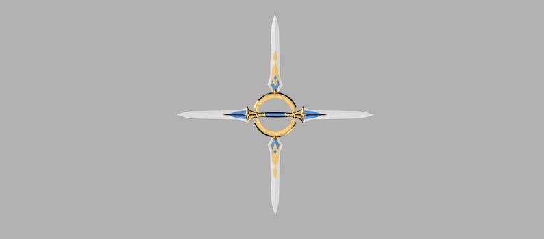 May include: A decorative sword with a gold ring and blue accents. The sword is in a cross shape with four blades.