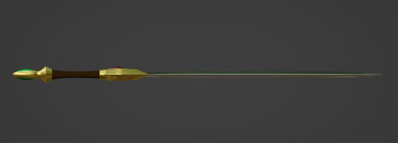 May include: A gold and silver sword with a green gem on the pommel and a red gem on the hilt.