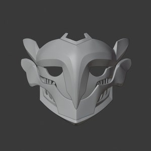 May include: A gray 3D printed mask with a sharp, angular design. The mask has two eye holes and a pointed beak.