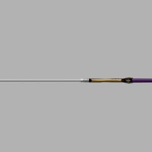 May include: A long, slender spear featuring a sharp, metallic silver blade, a gold-toned shaft section, and a purple grip. The handle terminates in a pointed, gold-colored pommel, creating a balanced and elongated weapon design.