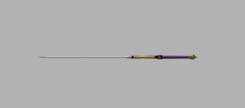 May include: A long, slender spear featuring a sharp, metallic silver blade, a gold-toned shaft section, and a purple grip. The handle terminates in a pointed, gold-colored pommel, creating a balanced and elongated weapon design.
