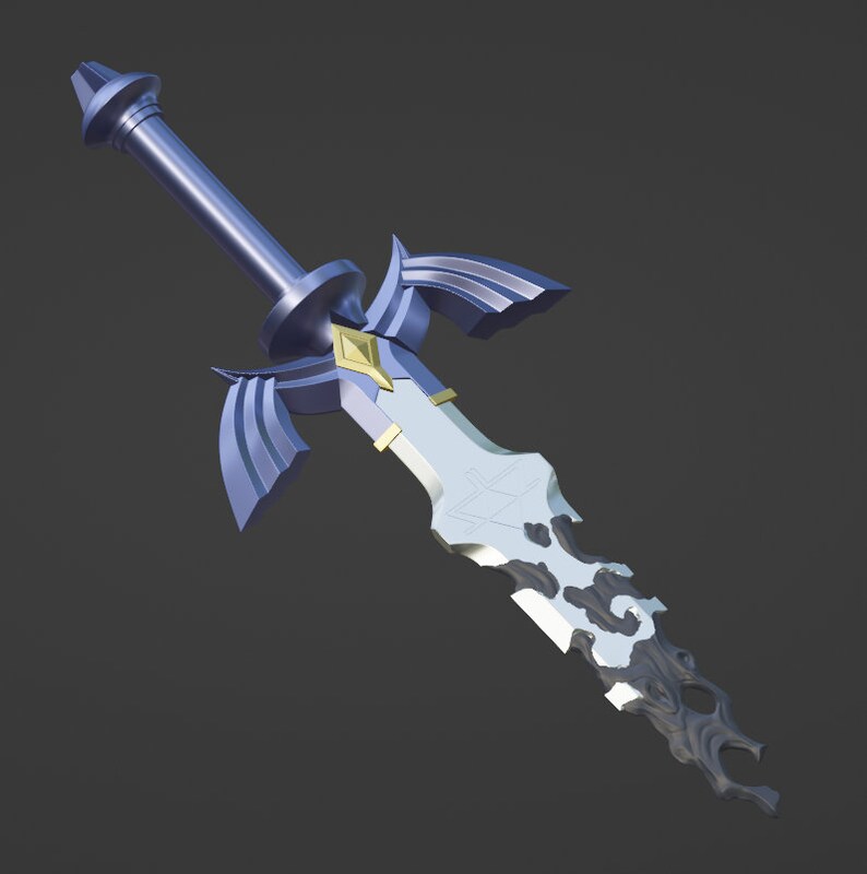 May include: A blue and silver sword with a decorative handle and a flame-like blade.