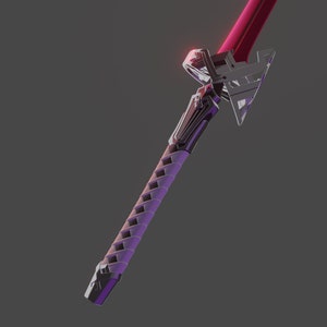 May include: A sword with a vibrant magenta blade and a dark purple handle featuring a cross-hatched wrap pattern. The hilt is constructed from metallic silver and black geometric components, with a sharp, angular guard extending outward.