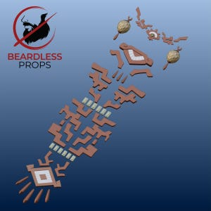 May include: A collection of brown, geometric, puzzle-like prop pieces featuring a central rectangular structure with interlocking segments, two textured spherical ornaments, and a base with a white square inlay and four protruding spikes.