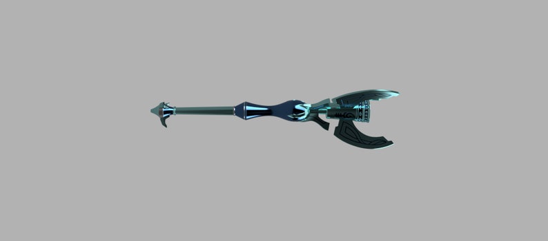 Puede incluir: Un arma de estilo fant&aacute;stico azul y plateado con una hoja que se asemeja a una luna creciente.