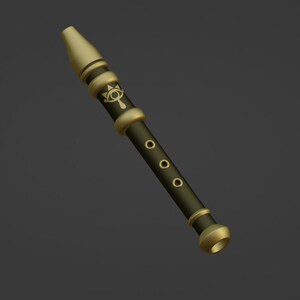 May include: A gold and black flute with a decorative design featuring an eye and a symbol. The flute has five holes.