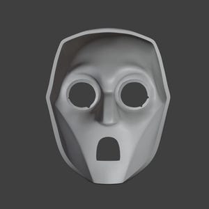 Op de afbeelding: Een grijs plastic masker met twee ooggaten en een mondgat. Het masker heeft een eenvoudig ontwerp en doet denken aan een robot of een alien.