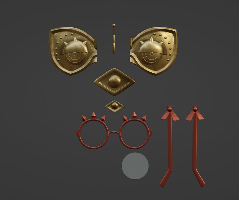 Op de afbeelding: Een set gouden oogvormige decoratieve stukken, een paar rode brillen met spikes en twee rode pijlvormige stukken.