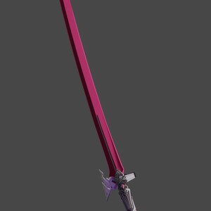 May include: A long sword featuring a vibrant magenta blade and a dark, angular metal guard. The handle is wrapped in a light-coloured, diamond-patterned grip that transitions to a dark pommel, creating a sleek and sharp-edged appearance.