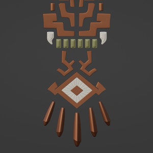 May include: A decorative wall hanging featuring a brown, geometric, mask-like design with white fangs, a row of six small olive green rectangular accents, and a central white diamond shape surrounded by five downward-pointing brown spikes.