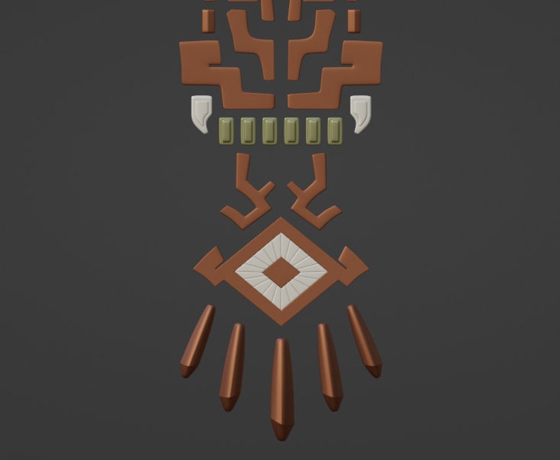 May include: A decorative wall hanging featuring a brown, geometric, mask-like design with white fangs, a row of six small olive green rectangular accents, and a central white diamond shape surrounded by five downward-pointing brown spikes.
