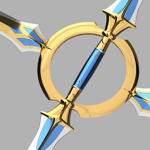 May include: A three-pronged sword with a gold and blue design. The blades are connected by a gold ring.
