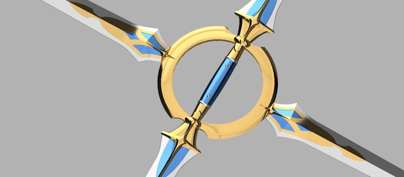 May include: A three-pronged sword with a gold and blue design. The blades are connected by a gold ring.