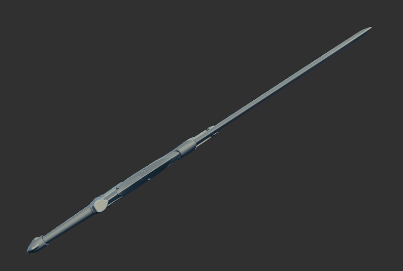 May include: A silver-colored metal sword with a pointed tip and a handle with a circular detail.
