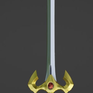 May include: A gold and silver sword with a red gem in the center of the hilt and a green gem at the tip of the handle.