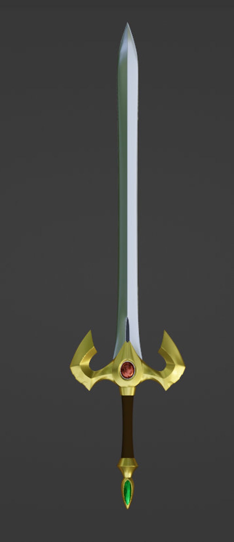 May include: A gold and silver sword with a red gem in the center of the hilt and a green gem at the tip of the handle.