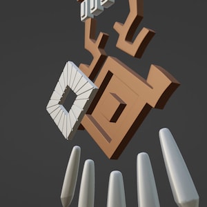 May include: A brown geometric emblem with a central square cutout and branching top elements, accompanied by a white square frame with radiating lines and five white, tapered, cylindrical objects positioned below it.