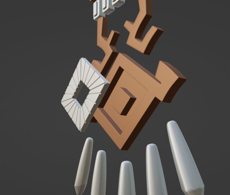 May include: A brown geometric emblem with a central square cutout and branching top elements, accompanied by a white square frame with radiating lines and five white, tapered, cylindrical objects positioned below it.