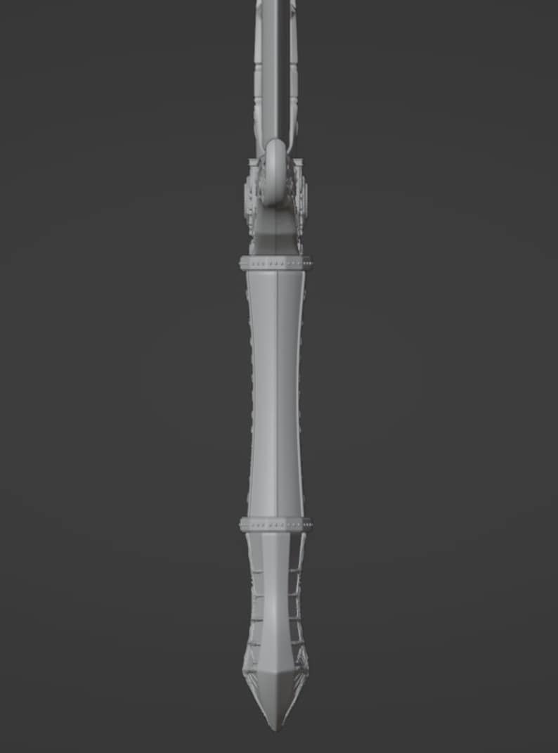 May include: A gray 3D digital model of a sword handle and blade shown from a side profile view. The design features a central grip with horizontal ridges, a circular pommel, and a straight, narrow blade extending upward from the hilt.
