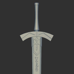 May include: A silver sword with a decorative hilt and a long, straight blade. The blade has intricate carvings and a cross-shaped design near the hilt.