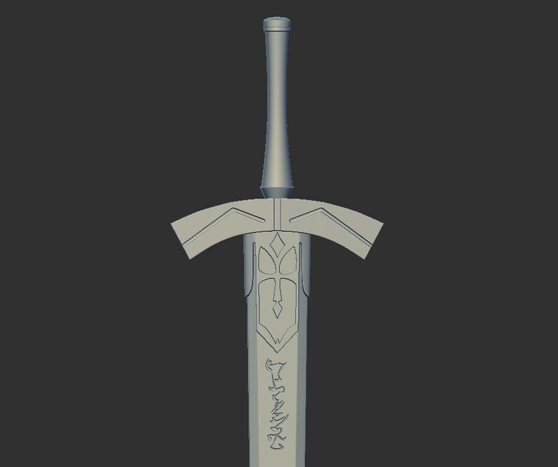 May include: A silver sword with a decorative hilt and a long, straight blade. The blade has intricate carvings and a cross-shaped design near the hilt.