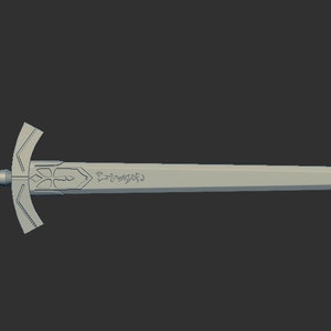 May include: A silver sword with a cross-shaped guard and a long, straight blade. The blade has an inscription that reads "Excalibur".