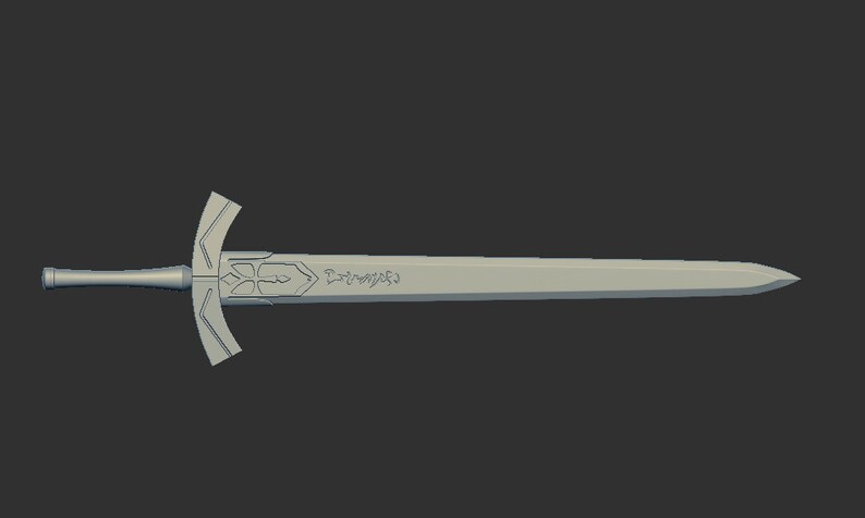 May include: A silver sword with a cross-shaped guard and a long, straight blade. The blade has an inscription that reads "Excalibur".