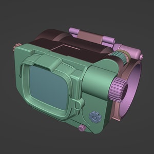 May include: A green and brown 3D model of a futuristic device with a screen, gears, and a knob. The device has a rounded shape and appears to be made of metal.