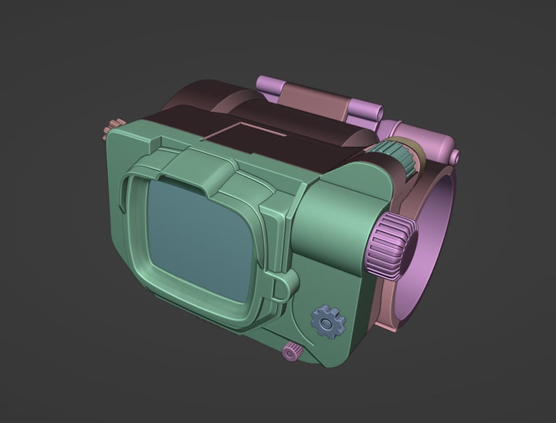 May include: A green and brown 3D model of a futuristic device with a screen, gears, and a knob. The device has a rounded shape and appears to be made of metal.