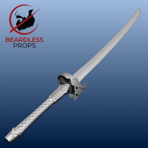 May include: A silver-coloured sword featuring a curved blade, a textured handle with a cross-hatched pattern, and an ornate guard. The text BEARDLESS PROPS appears in the upper left corner alongside a circular logo of a bearded silhouette.