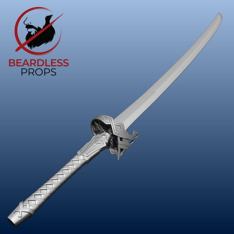 May include: A silver-coloured sword featuring a curved blade, a textured handle with a cross-hatched pattern, and an ornate guard. The text BEARDLESS PROPS appears in the upper left corner alongside a circular logo of a bearded silhouette.