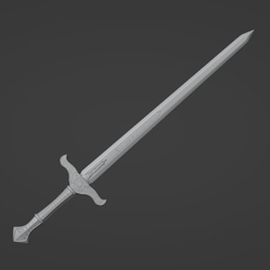 May include: A light gray sword featuring a long, double-edged blade with a central fuller. The hilt includes a curved crossguard with intricate embossed detailing and a matching pommel at the base of the textured, cylindrical grip.