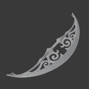 May include: A silver crescent-shaped sword with intricate decorative details. The sword has a curved blade with a pointed tip and a handle with a decorative design.