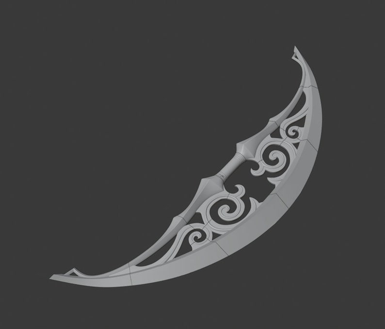 May include: A silver crescent-shaped sword with intricate decorative details. The sword has a curved blade with a pointed tip and a handle with a decorative design.