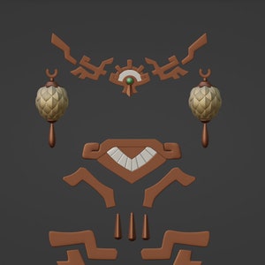 May include: A collection of brown decorative components including a central emblem with a green gem, two textured spherical lanterns, a shield-like piece with white segments, and various geometric trim pieces arranged on a dark background.