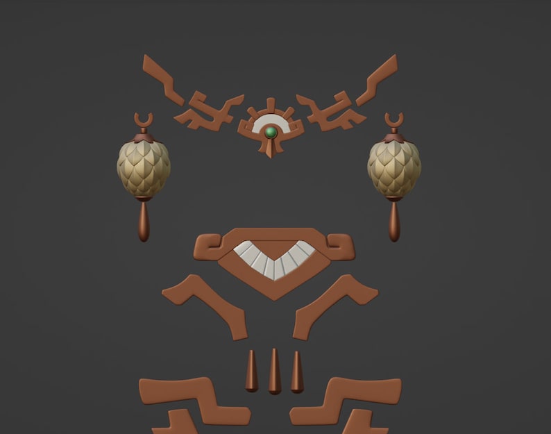 May include: A collection of brown decorative components including a central emblem with a green gem, two textured spherical lanterns, a shield-like piece with white segments, and various geometric trim pieces arranged on a dark background.
