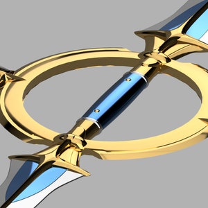 May include: A gold and silver four-pointed star-shaped weapon with a circular center. The weapon has a blue and silver blade on each point.