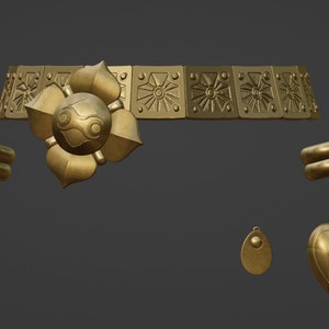 May include: A gold-colored jewelry set consisting of a wide choker necklace with a central flower-shaped medallion and repeating sunburst patterns, two matching double-band bracelets, and two distinct teardrop-shaped pendant charms.