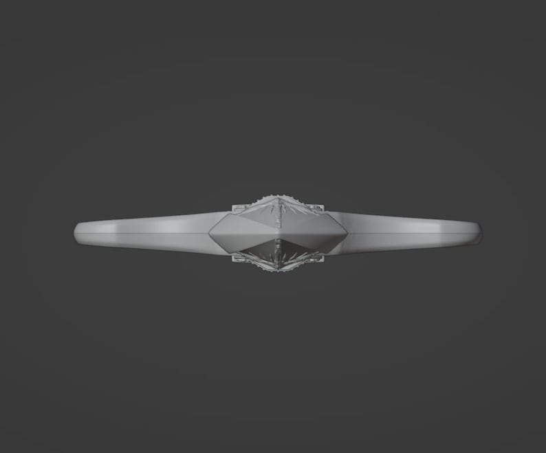 May include: A gray, symmetrical, three-dimensional object with a central, pointed, diamond-shaped structure flanked by two elongated, horizontal, wing-like extensions. The surface appears smooth and matte, rendered in a neutral gray tone.