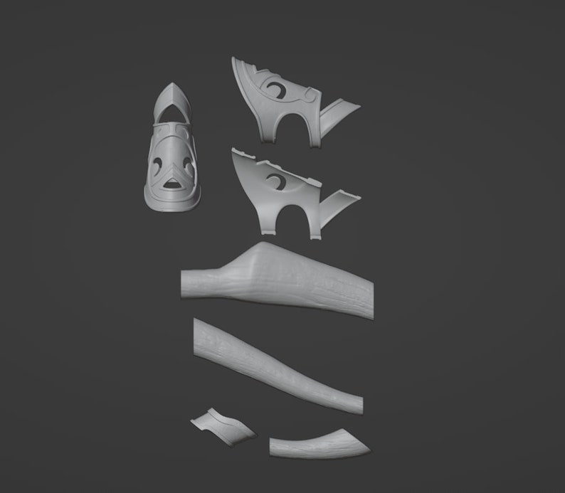 May include: A set of 3D printed parts for a model of a sandal. The parts are in various shapes and sizes, including a sole, a strap, and a buckle.