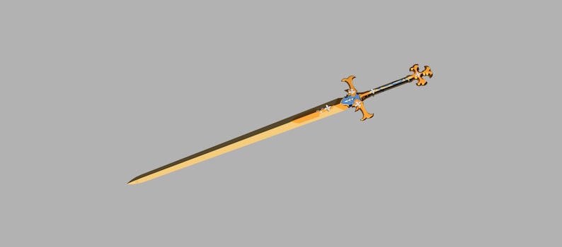 以下が含まれることがあります： 青い金色の柄と十字形の pommel を持つ金色の剣