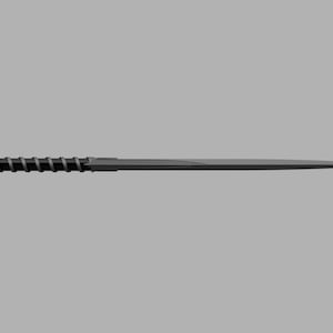 May include: A dark gray, slender, pointed rod featuring a handle with a spiraled, raised texture and a distinct, faceted pommel at the end. The object is straight, tapering to a sharp, needle-like tip, presenting a uniform matte finish.