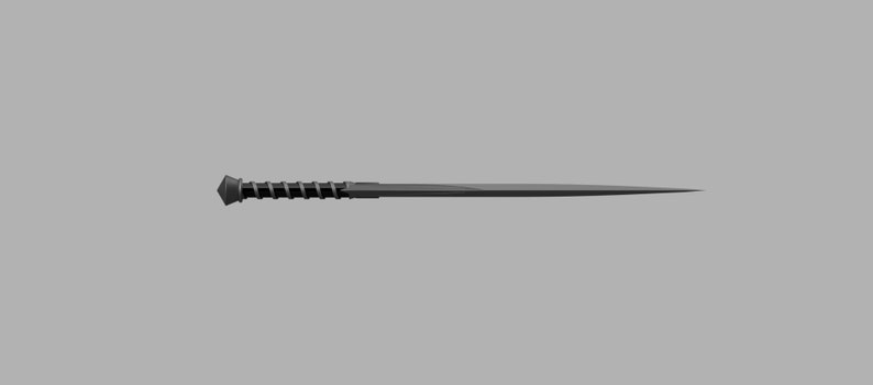 May include: A dark gray, slender, pointed rod featuring a handle with a spiraled, raised texture and a distinct, faceted pommel at the end. The object is straight, tapering to a sharp, needle-like tip, presenting a uniform matte finish.