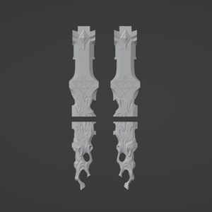 May include: Two 3D printed gray plastic pieces with a detailed design. The pieces are shaped like a long, thin, pointed blade with a decorative pattern.